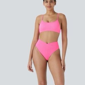 Halara Bright Pink Bikini Ribbed Crossover Bikini Swimsuit M/L New